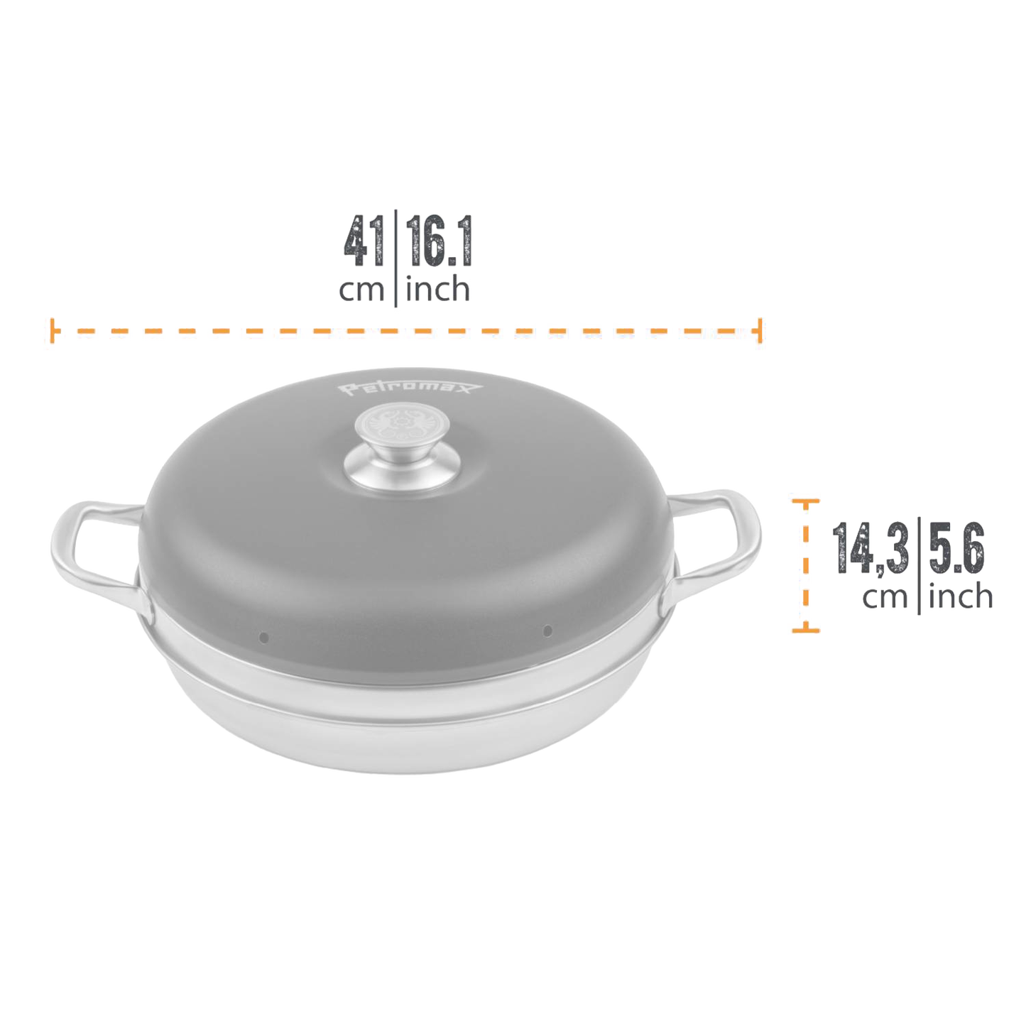 Round camping oven with a gray domed lid and stainless steel base, featuring side handles and a central knob, designed for outdoor baking, suitable for Farm, Garden & Tool, Camping, and Best Sellers collections.