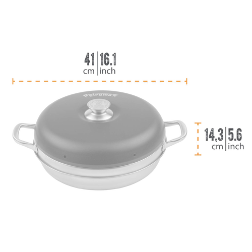 Round camping oven with a gray domed lid and stainless steel base, featuring side handles and a central knob, designed for outdoor baking, suitable for Farm, Garden & Tool, Camping, and Best Sellers collections.