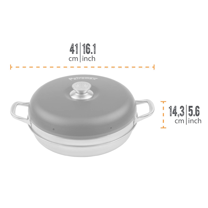 Round camping oven with a gray domed lid and stainless steel base, featuring side handles and a central knob, designed for outdoor baking, suitable for Farm, Garden & Tool, Camping, and Best Sellers collections.