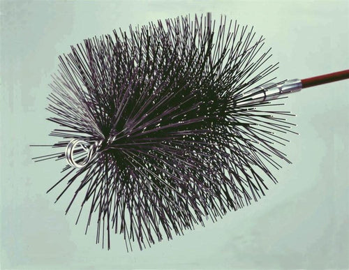 Handcrafted round chimney brush with dense wire bristles designed to fit snugly in stovepipes, ideal for hearth maintenance and included in best sellers and hearth accessories collections.
