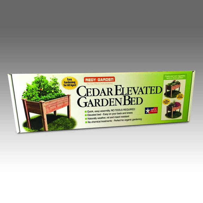 Packaging for a handcrafted cedar elevated garden bed, designed for easy assembly without tools, ideal for organic gardening, featured in Farm, Garden & Tool and USA Made collections.