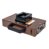 Compact portable power inverter with textured brown metal housing, black handle, and battery slot for Milwaukee or DeWalt tool batteries, suited for Farm, Garden & Tool and Emergency Supplies collections.