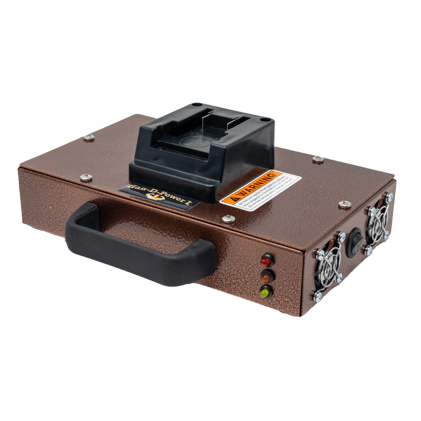Compact portable power inverter with textured brown metal housing, black handle, and battery slot for Milwaukee or DeWalt tool batteries, suited for Farm, Garden & Tool and Emergency Supplies collections.
