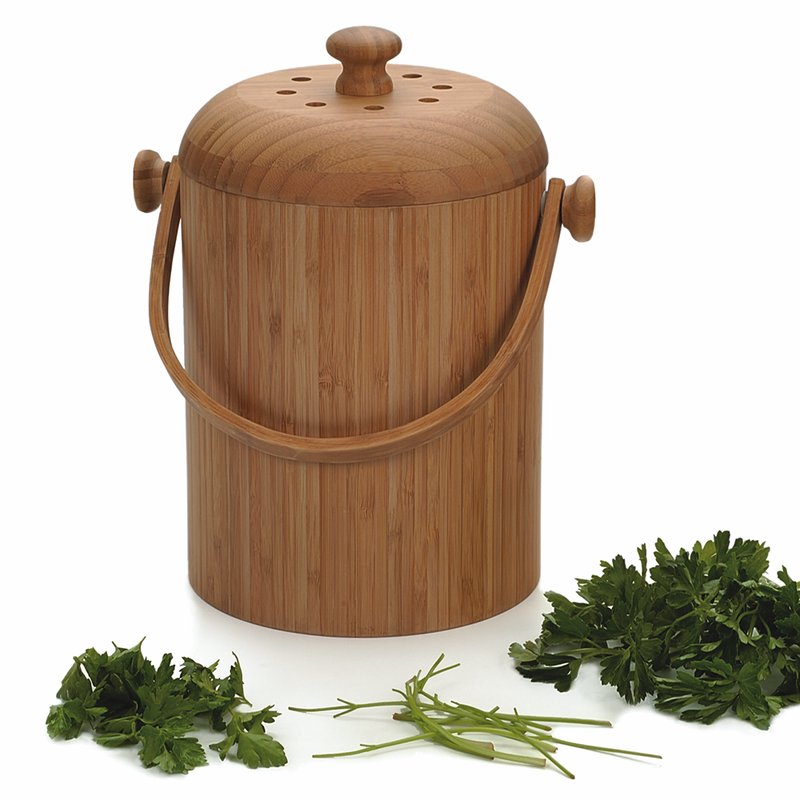 Cylindrical compost pail made from natural bamboo with a lid featuring ventilation holes and a handle, designed for odor-free kitchen composting, ideal for farm, garden, and composting use.