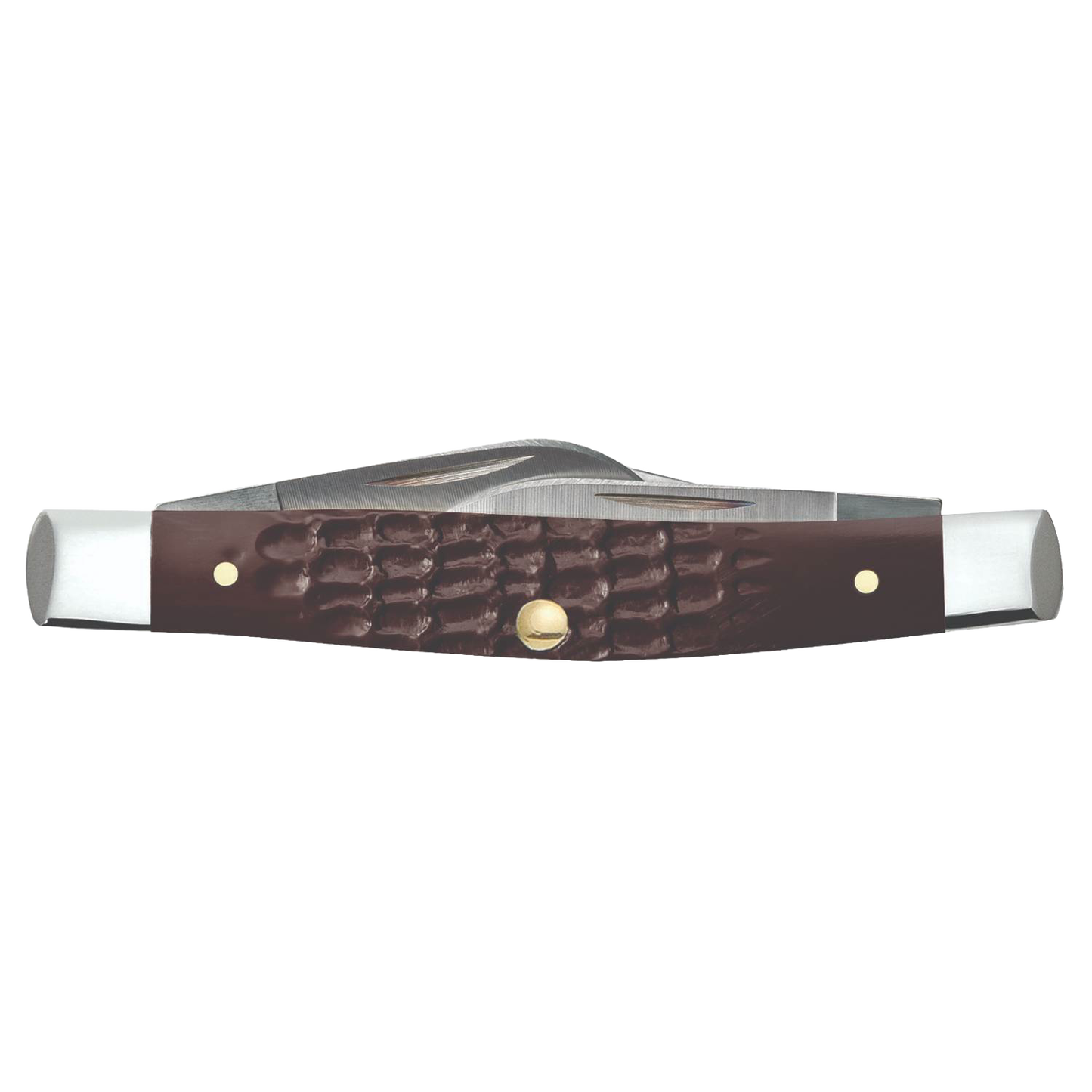 Traditional pocket knife with textured brown synthetic handle and stainless steel blades, handcrafted in USA, featured in Farm, Garden & Tool, Hand Tools, and Best Sellers collections.