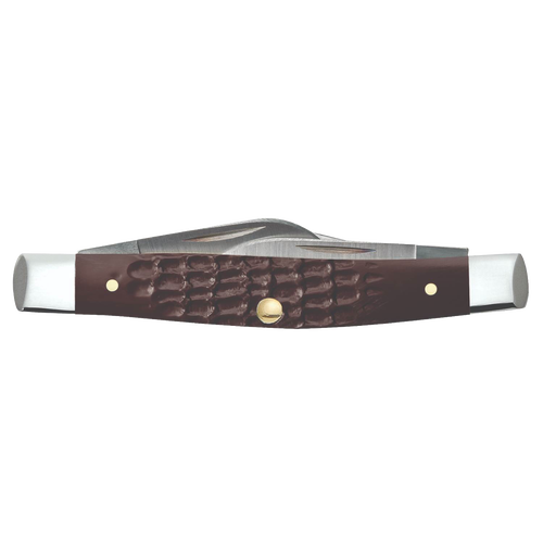 Traditional pocket knife with textured brown synthetic handle and stainless steel blades, handcrafted in USA, featured in Farm, Garden & Tool, Hand Tools, and Best Sellers collections.