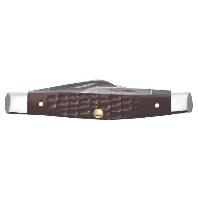 Traditional pocket knife with textured brown synthetic handle and stainless steel blades, handcrafted in USA, featured in Farm, Garden & Tool, Hand Tools, and Best Sellers collections.