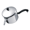 Stainless steel saucepan with a self-basting lid pouring water through built-in strainer, featuring a black ergonomic handle, ideal for Kitchen & Food and Cookware collections.