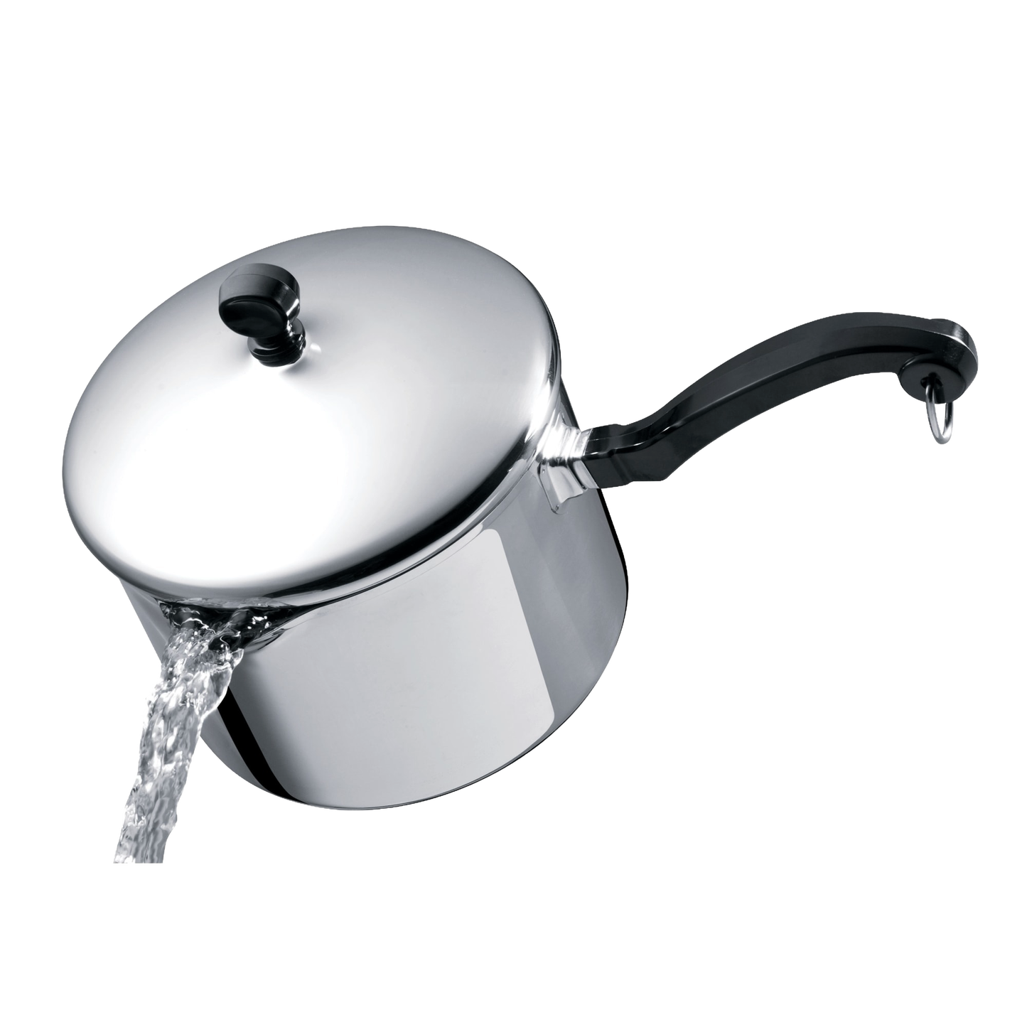 Stainless steel saucepan with a self-basting lid pouring water through built-in strainer, featuring a black ergonomic handle, ideal for Kitchen & Food and Cookware collections.