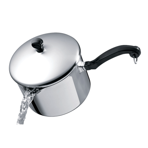 Stainless steel saucepan with a self-basting lid pouring water through built-in strainer, featuring a black ergonomic handle, ideal for Kitchen & Food and Cookware collections.