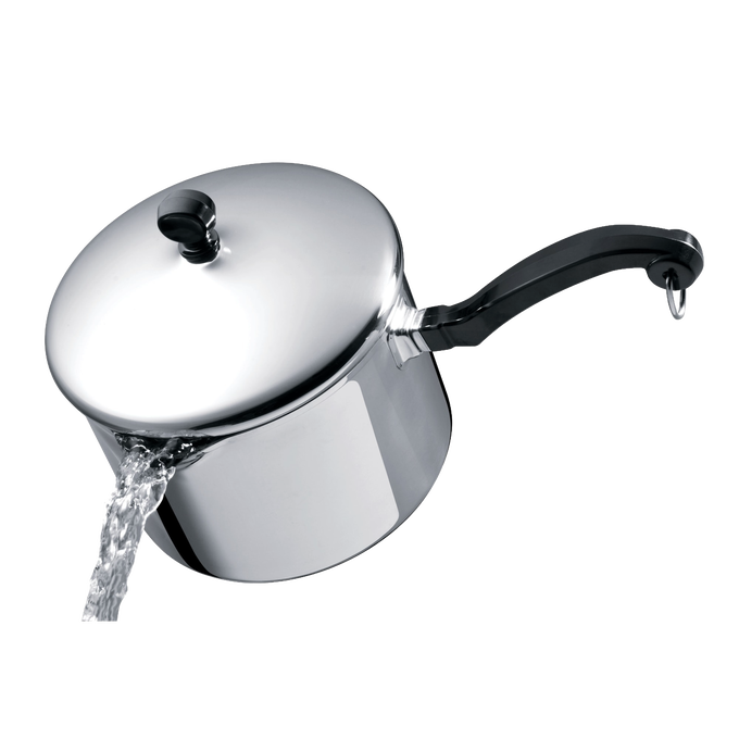 Stainless steel saucepan with a self-basting lid pouring water through built-in strainer, featuring a black ergonomic handle, ideal for Kitchen & Food and Cookware collections.