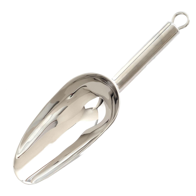 Shiny stainless steel scoop with mirror finish and solid handle featuring a hanging loop, perfect for portioning dry goods in Kitchen & Food, Cookware, Baking Supplies, and Kitchen Gadgets collections.