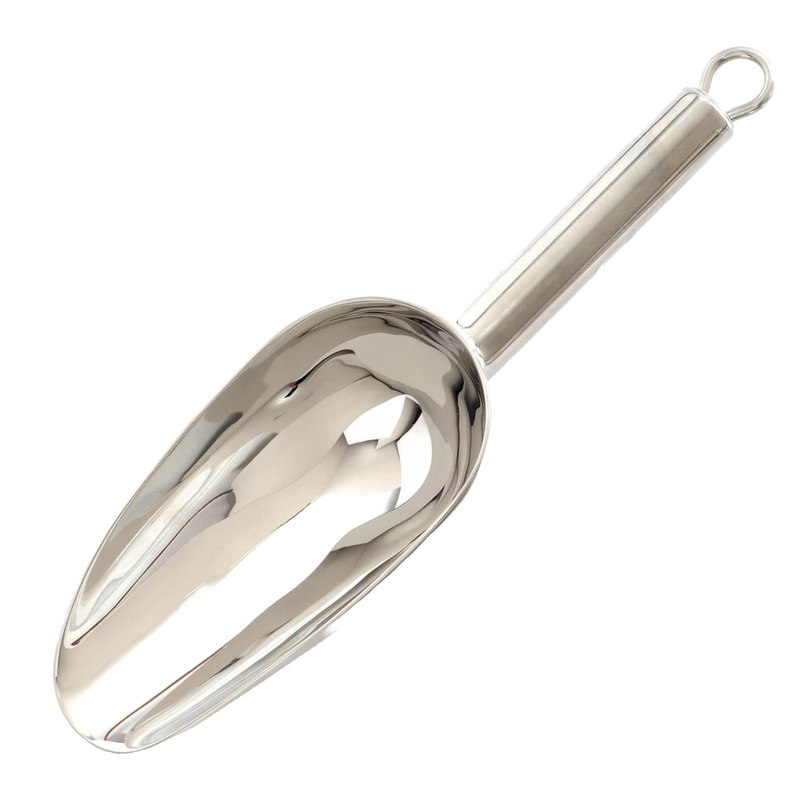 Shiny stainless steel scoop with mirror finish and solid handle featuring a hanging loop, perfect for portioning dry goods in Kitchen & Food, Cookware, Baking Supplies, and Kitchen Gadgets collections.