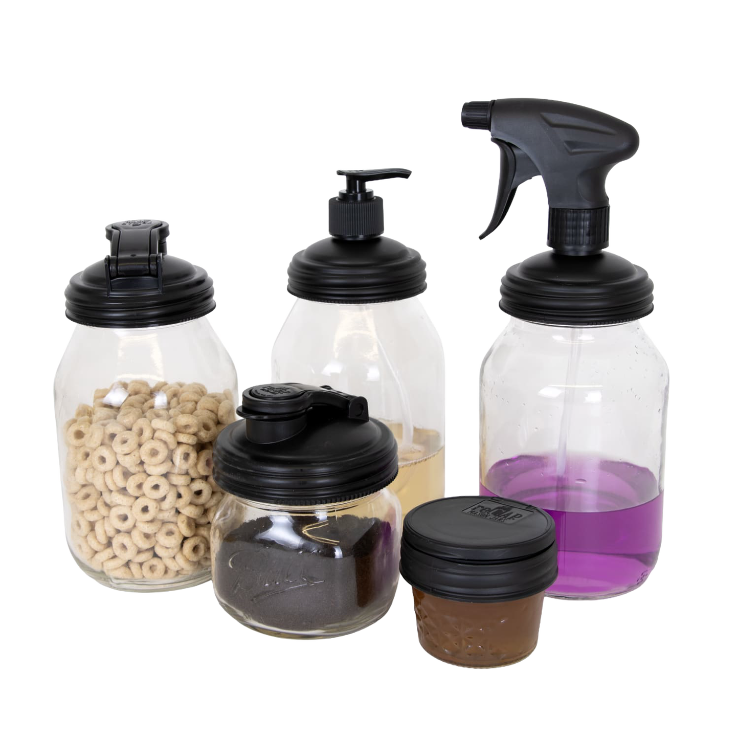 Set of six clear glass jars with various black reusable lids including flip-top, pump, spray, and screw-top styles suitable for eco-friendly household use in Home & Decor and Household Helpers collections.