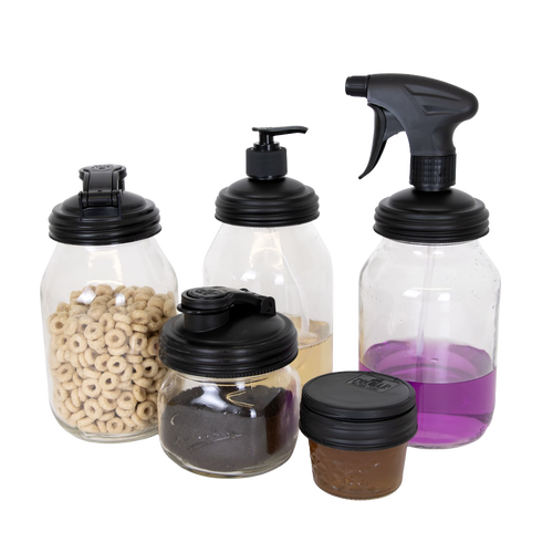 Set of six clear glass jars with various black reusable lids including flip-top, pump, spray, and screw-top styles suitable for eco-friendly household use in Home & Decor and Household Helpers collections.