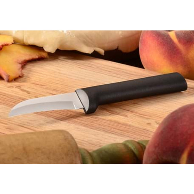 Handcrafted paring knife with a high carbon surgical stainless steel curved blade and solid black handle, made in USA, ideal for Farm, Garden & Tool and Kitchen & Food collections.