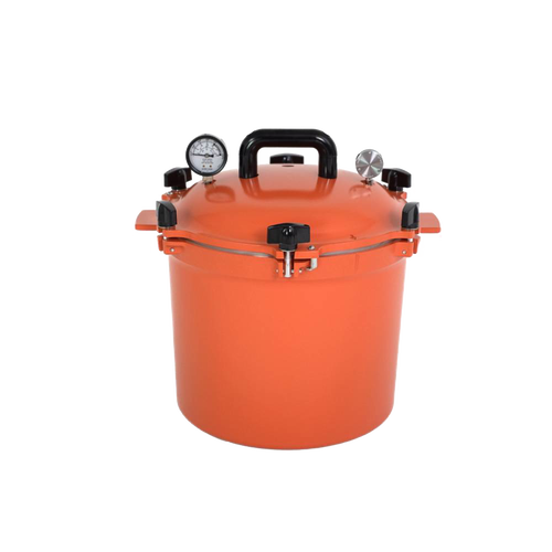 Bright orange 21.5-quart pressure canner with sturdy locking lid, pressure gauge, and comfortable handles, designed for safe food preservation in Kitchen & Food, Food Preservation, and USA Made collections.