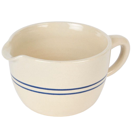 Handcrafted durable stoneware batter bowl with classic blue stripes and a pouring spout, made in USA, perfect for Kitchen & Food, Cookware, Baking Supplies, and Best Sellers collections.