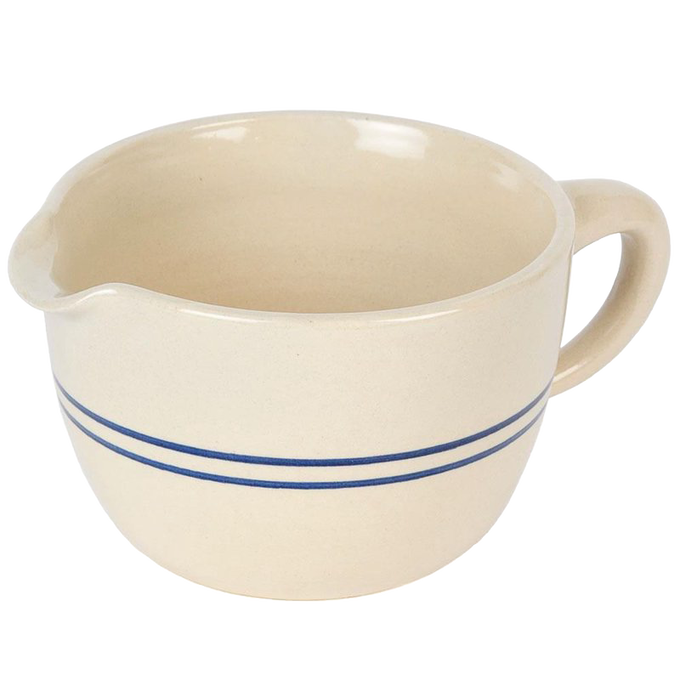 Handcrafted durable stoneware batter bowl with classic blue stripes and a pouring spout, made in USA, perfect for Kitchen & Food, Cookware, Baking Supplies, and Best Sellers collections.