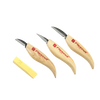 Set of three flexible carving knives with ergonomic wooden handles branded FlexCut and a yellow sharpening compound, handcrafted in USA, featured in carving knives and homesteading collections.