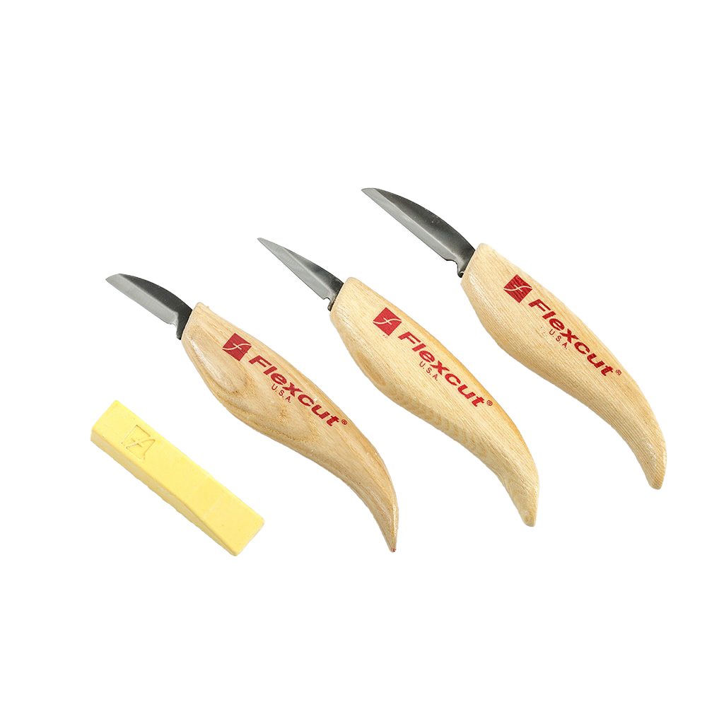 Set of three flexible carving knives with ergonomic wooden handles branded FlexCut and a yellow sharpening compound, handcrafted in USA, featured in carving knives and homesteading collections.