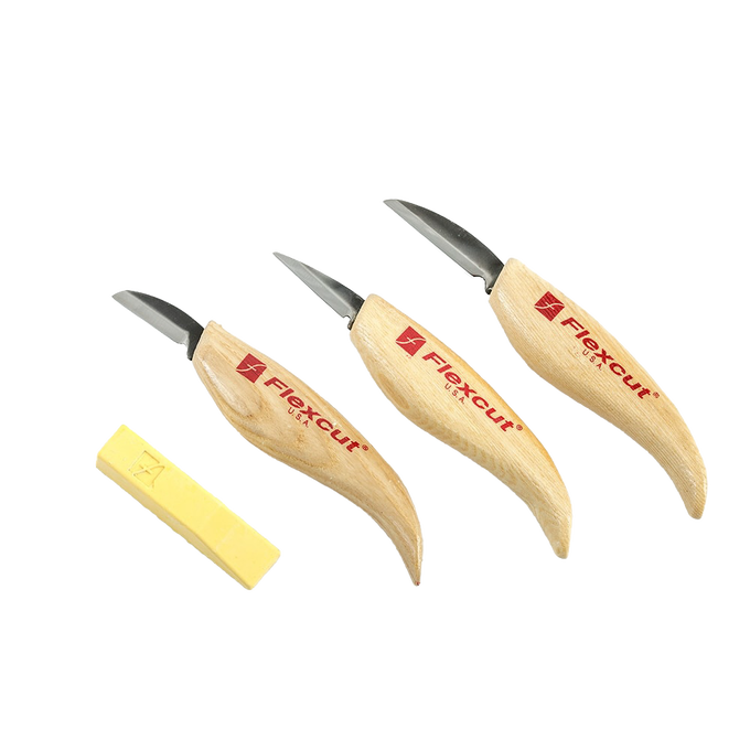Set of three flexible carving knives with ergonomic wooden handles branded FlexCut and a yellow sharpening compound, handcrafted in USA, featured in carving knives and homesteading collections.