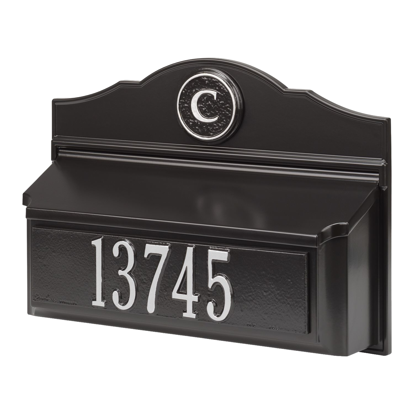Handcrafted black and silver wall mount mailbox personalized with a raised monogram letter and house number, made in USA, featured in Home & Decor, Mailboxes and Address Signs, and USA Made collections.