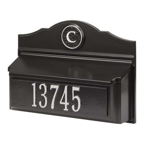 Handcrafted black and silver wall mount mailbox personalized with a raised monogram letter and house number, made in USA, featured in Home & Decor, Mailboxes and Address Signs, and USA Made collections.
