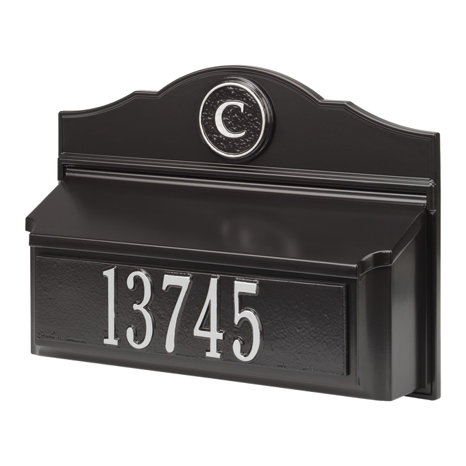 Handcrafted black and silver wall mount mailbox personalized with a raised monogram letter and house number, made in USA, featured in Home & Decor, Mailboxes and Address Signs, and USA Made collections.