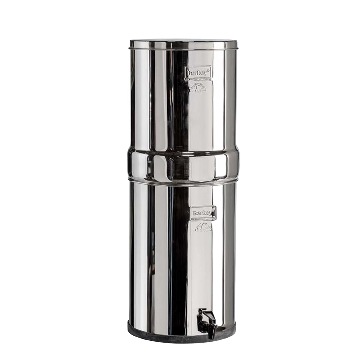 Highly polished AISI 304 stainless steel water filter with two chambers, spigot, and 6-gallon capacity, ideal for emergency supplies and water treatment appliances.
