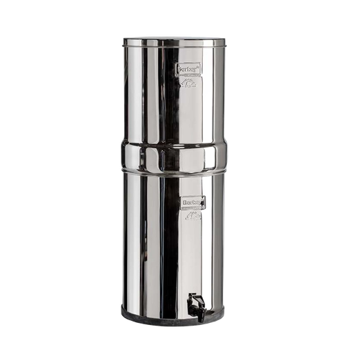 Highly polished AISI 304 stainless steel water filter with two chambers, spigot, and 6-gallon capacity, ideal for emergency supplies and water treatment appliances.