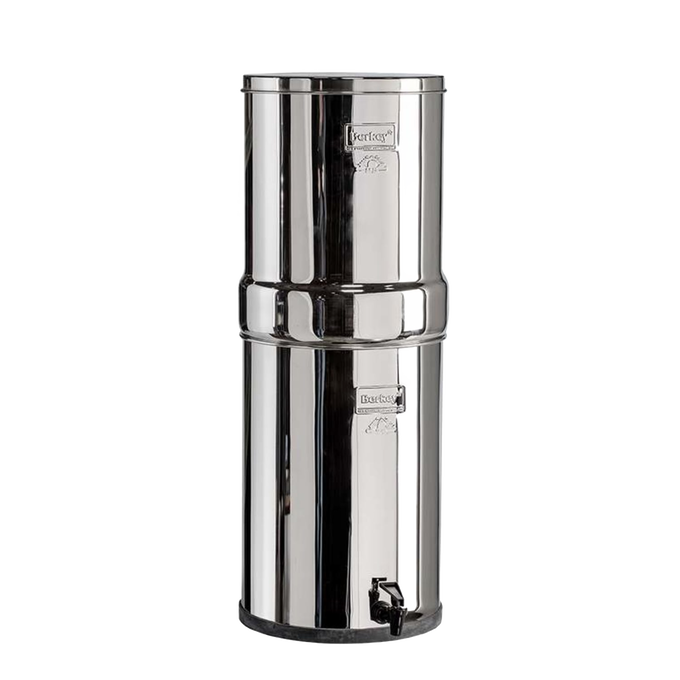 Highly polished AISI 304 stainless steel water filter with two chambers, spigot, and 6-gallon capacity, ideal for emergency supplies and water treatment appliances.