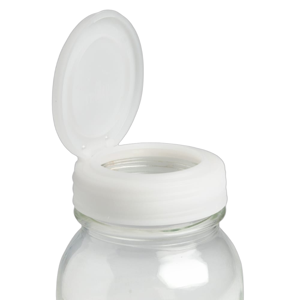 Handcrafted white flip top lid partially open on a clear glass jar, made in USA, suitable for Home & Decor, Kitchen & Food, Household Helpers, Kitchen Gadgets, Storage and Serving collections.