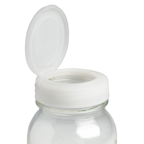 Handcrafted white flip top lid partially open on a clear glass jar, made in USA, suitable for Home & Decor, Kitchen & Food, Household Helpers, Kitchen Gadgets, Storage and Serving collections.