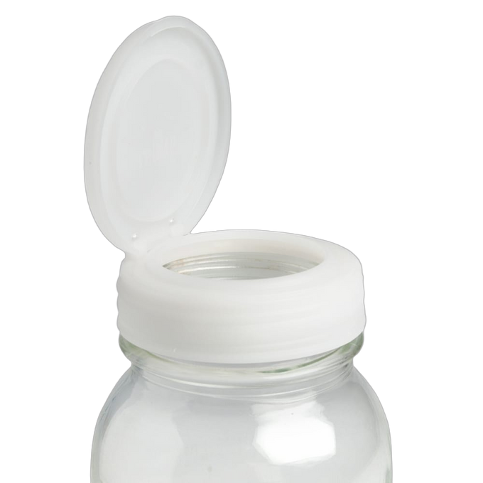 Handcrafted white flip top lid partially open on a clear glass jar, made in USA, suitable for Home & Decor, Kitchen & Food, Household Helpers, Kitchen Gadgets, Storage and Serving collections.