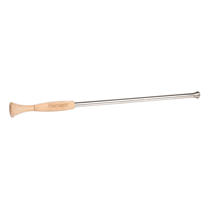 Long stainless steel fire blower pipe with natural wood handle, designed for safely directing air into fires, featured in Farm, Garden & Tool, Stoves, Camping, Hearth Accessories, and Best Sellers collections.