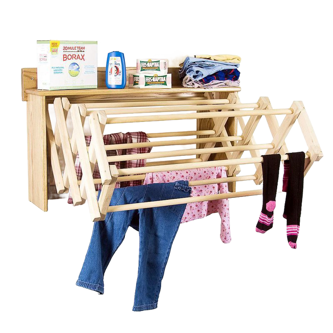 Handcrafted Amish made accordion wall clothes dryer in natural wood with multiple drying rods and a convenient top shelf, ideal for Laundry Supplies, Home & Decor, and Dryers and Drying Accessories collections.