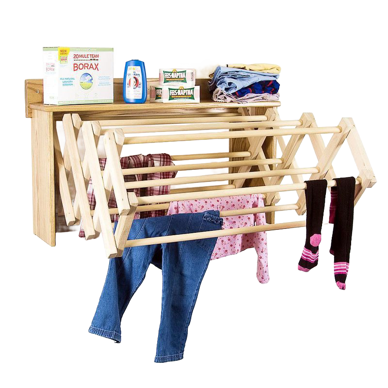 Handcrafted Amish made accordion wall clothes dryer in natural wood with multiple drying rods and a convenient top shelf, ideal for Laundry Supplies, Home & Decor, and Dryers and Drying Accessories collections.
