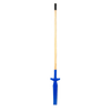 Blue trenching shovel with narrow blade and wooden handle, designed for clean, precise trenching tasks in farm, garden, and hand tool collections, featuring side blades for neat edges.