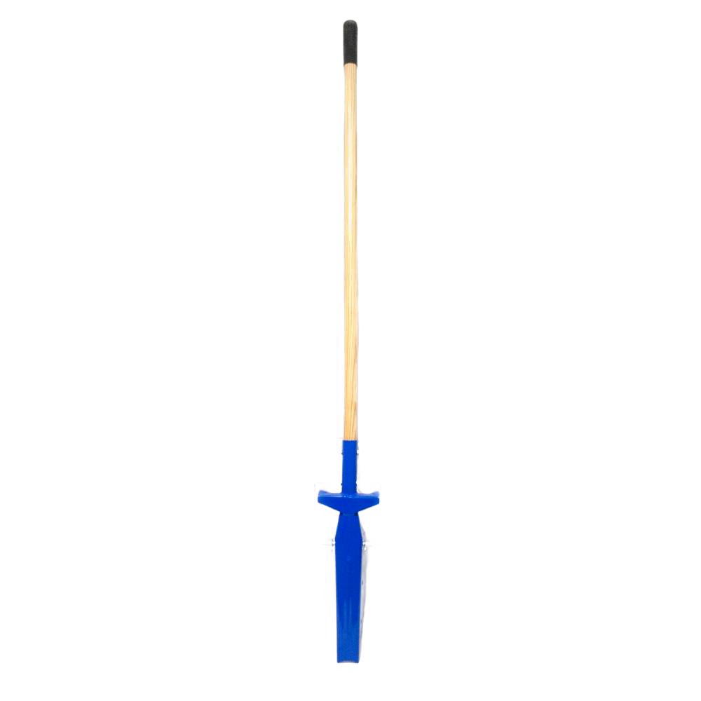 Blue trenching shovel with narrow blade and wooden handle, designed for clean, precise trenching tasks in farm, garden, and hand tool collections, featuring side blades for neat edges.
