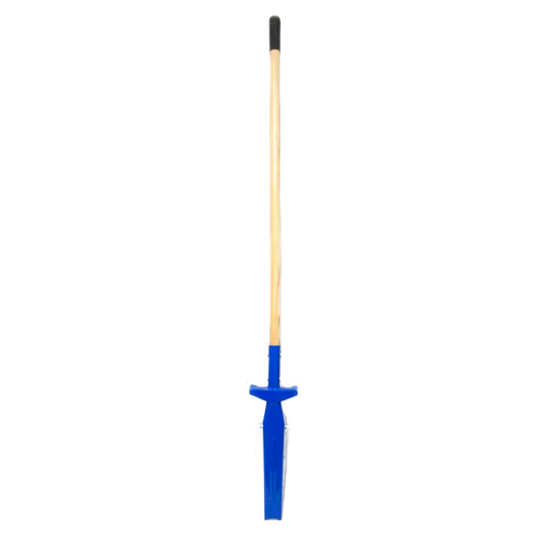 Blue trenching shovel with narrow blade and wooden handle, designed for clean, precise trenching tasks in farm, garden, and hand tool collections, featuring side blades for neat edges.