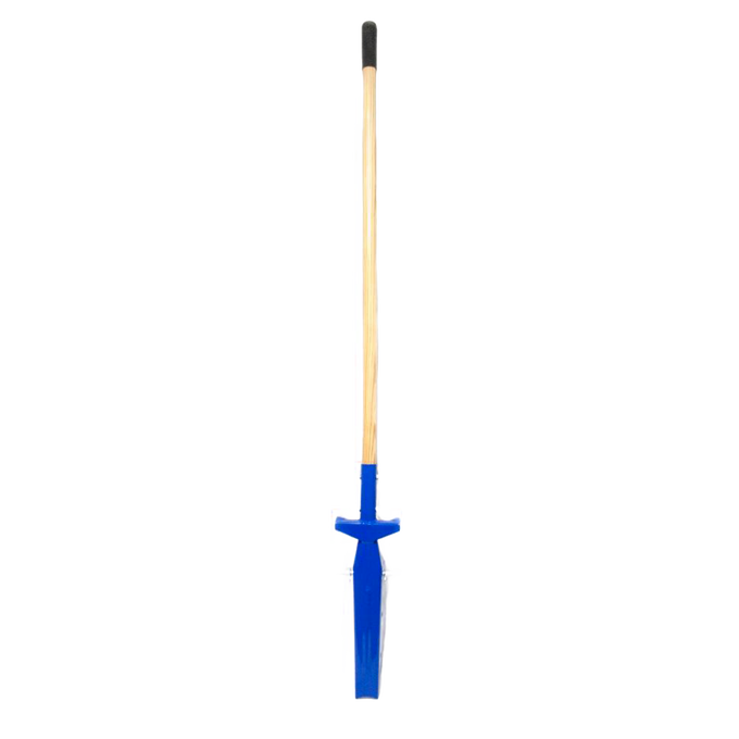 Blue trenching shovel with narrow blade and wooden handle, designed for clean, precise trenching tasks in farm, garden, and hand tool collections, featuring side blades for neat edges.