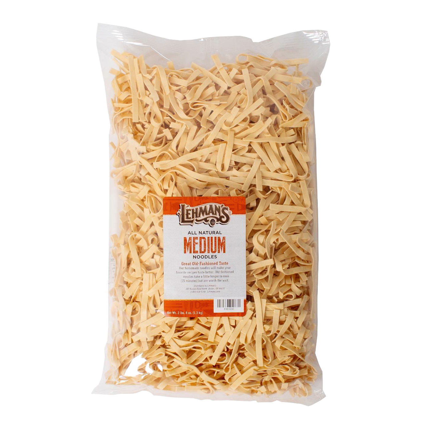 Clear plastic bag filled with handcrafted medium-width all-natural egg noodles, made in USA, ideal for Kitchen & Food, Pantry, Food, USA Made, Best Sellers, and Promo Eligible collections.