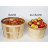 Set of two handcrafted untreated poplar wood baskets in half and full bushel sizes with metal handles, made in USA, ideal for farm, garden, and storage uses in best-selling collections.