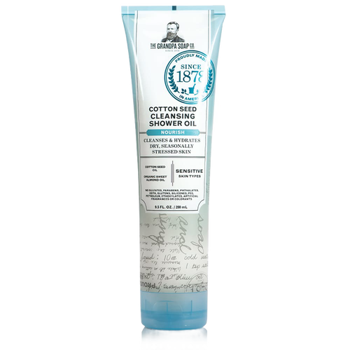 Tube of cotton seed cleansing shower oil with calming cotton and almond scent, made in USA, ideal for sensitive skin care in Health & Wellness and Grooming collections.