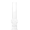 Clear glass chimney with a bulbous midsection and narrow top, handcrafted and designed for table, shelf, or cottage oil lamps, part of lamps and accessories collections.