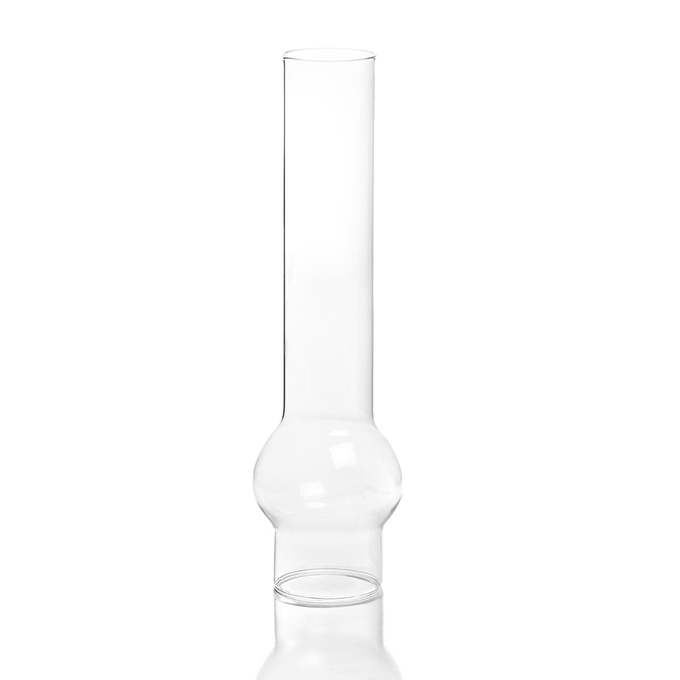 Clear glass chimney with a bulbous midsection and narrow top, handcrafted and designed for table, shelf, or cottage oil lamps, part of lamps and accessories collections.