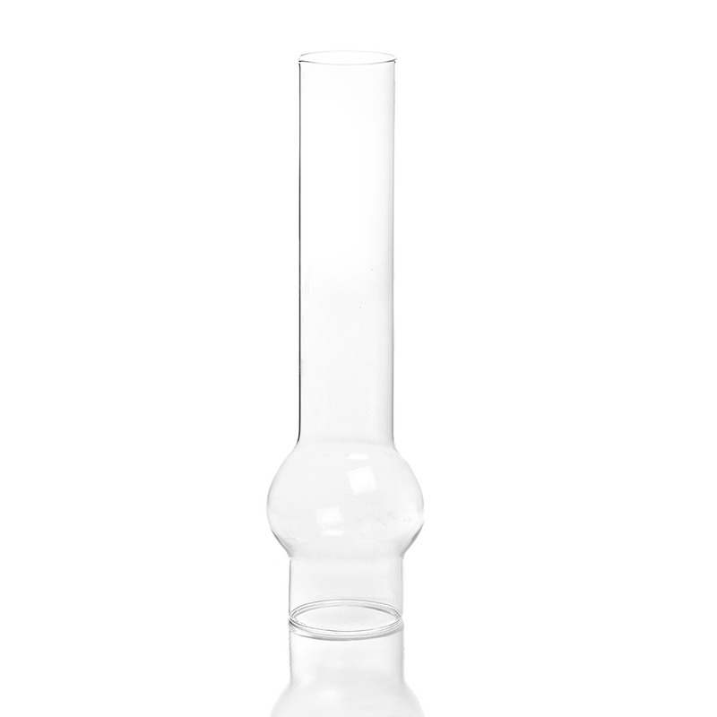 Clear glass chimney with a bulbous midsection and narrow top, handcrafted and designed for table, shelf, or cottage oil lamps, part of lamps and accessories collections.