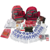 Two red backpacks surrounded by assorted emergency survival supplies including water pouches, food packets, a manual tent, rope, flashlight, and basic first aid items for a mid-level family emergency kit in Farm, Garden & Tool and Emergency Supplies collections.