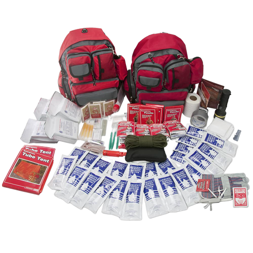 Two red backpacks surrounded by assorted emergency survival supplies including water pouches, food packets, a manual tent, rope, flashlight, and basic first aid items for a mid-level family emergency kit in Farm, Garden & Tool and Emergency Supplies collections.